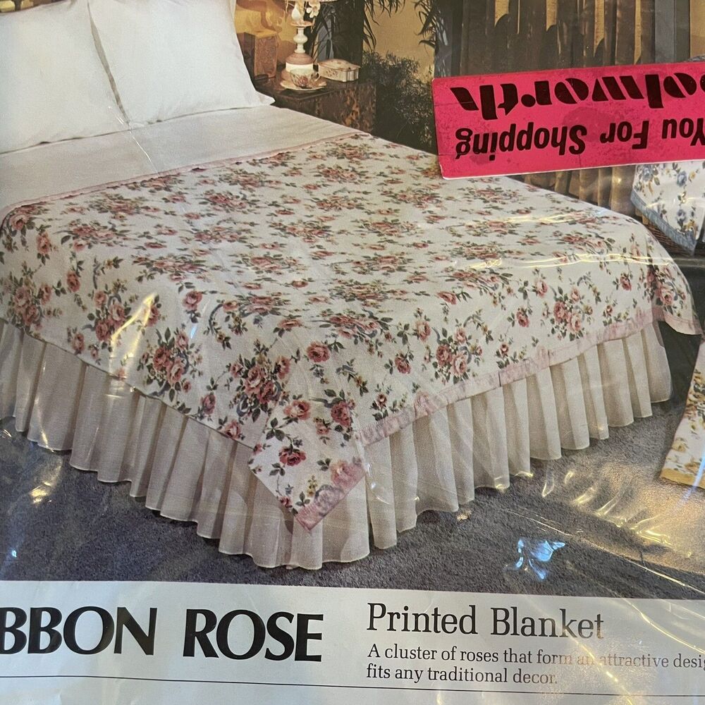VTG NEW Ribbon Rose Polyester Floral Print Blanket Full Twin Retro MCM Owen USA